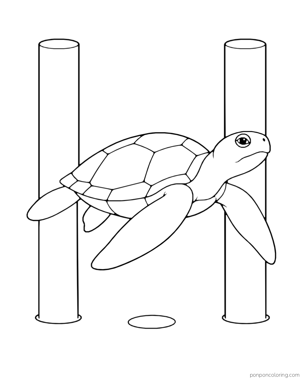 A sea turtle swims between two simple upright pier posts above a small seabed oval.