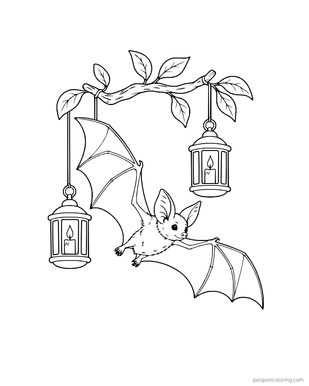 A bat glides between two lanterns hanging from a short leafy branch.