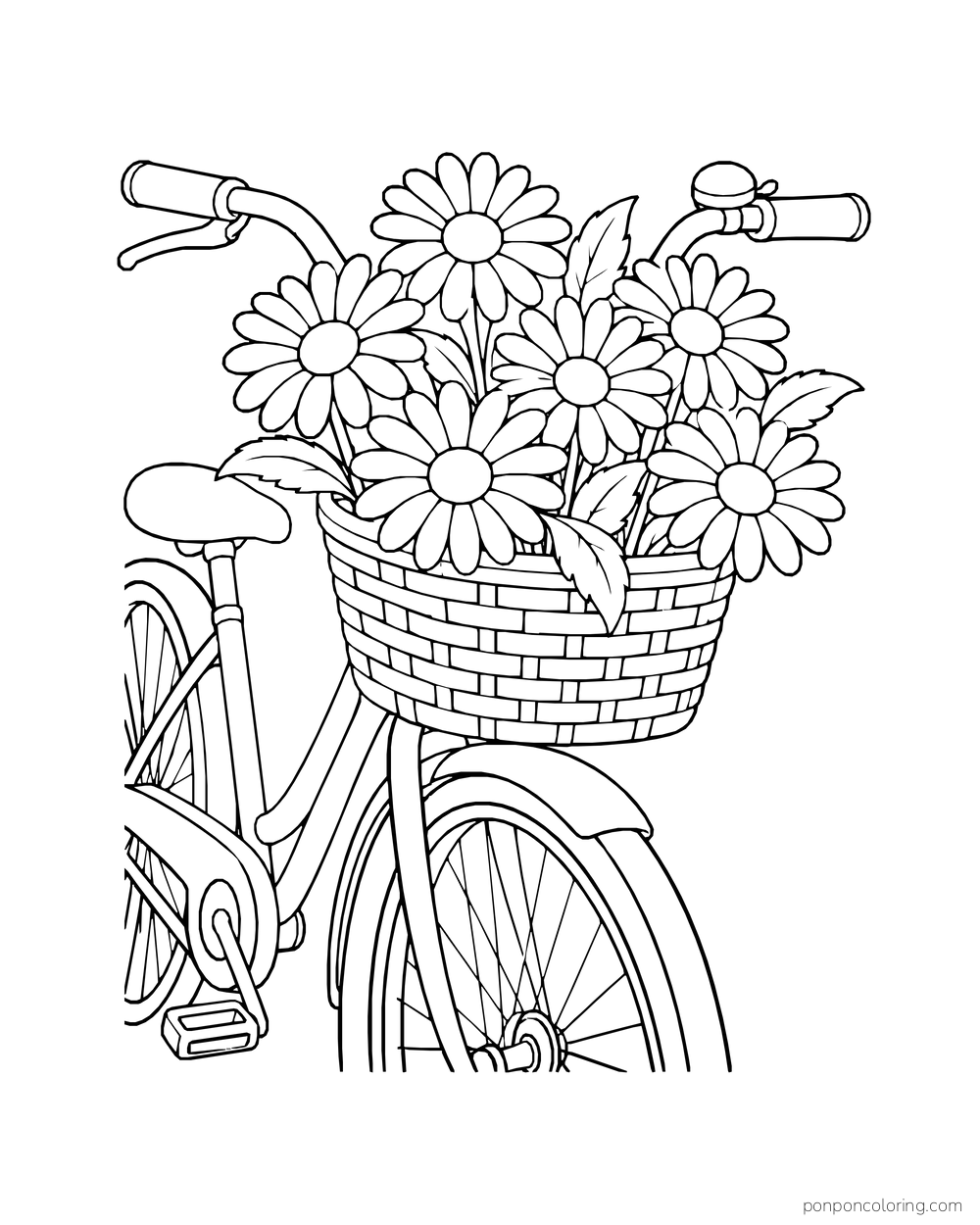 A parked bicycle has a front basket overflowing with daisies above its visible wheel.
