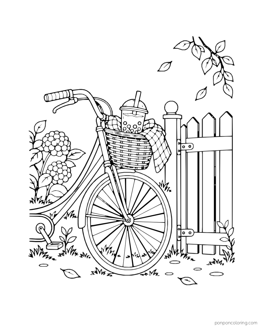 A boba cup sits in the front basket of a parked bicycle beside a garden gate.