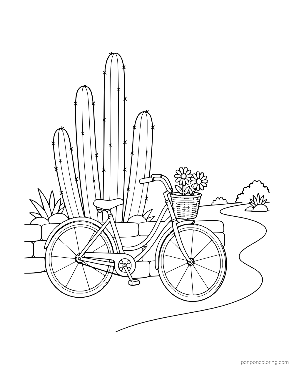 A bicycle with flowers in its front basket stands beside tall organ-pipe cacti and a low wall.