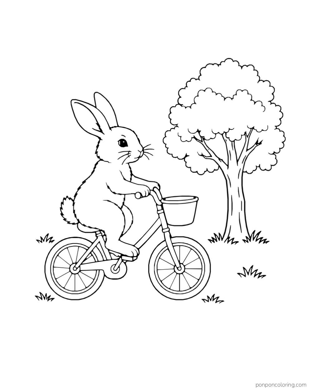 A rabbit pedals a small bicycle with a front basket past a single tree.