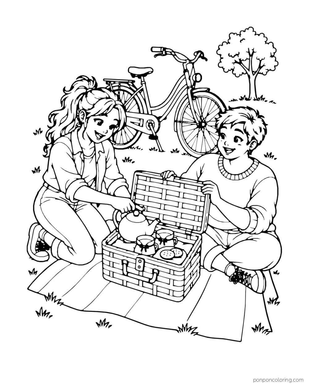 Two friends unpack a teapot, cups, and biscuits from a picnic basket beside a parked bicycle.