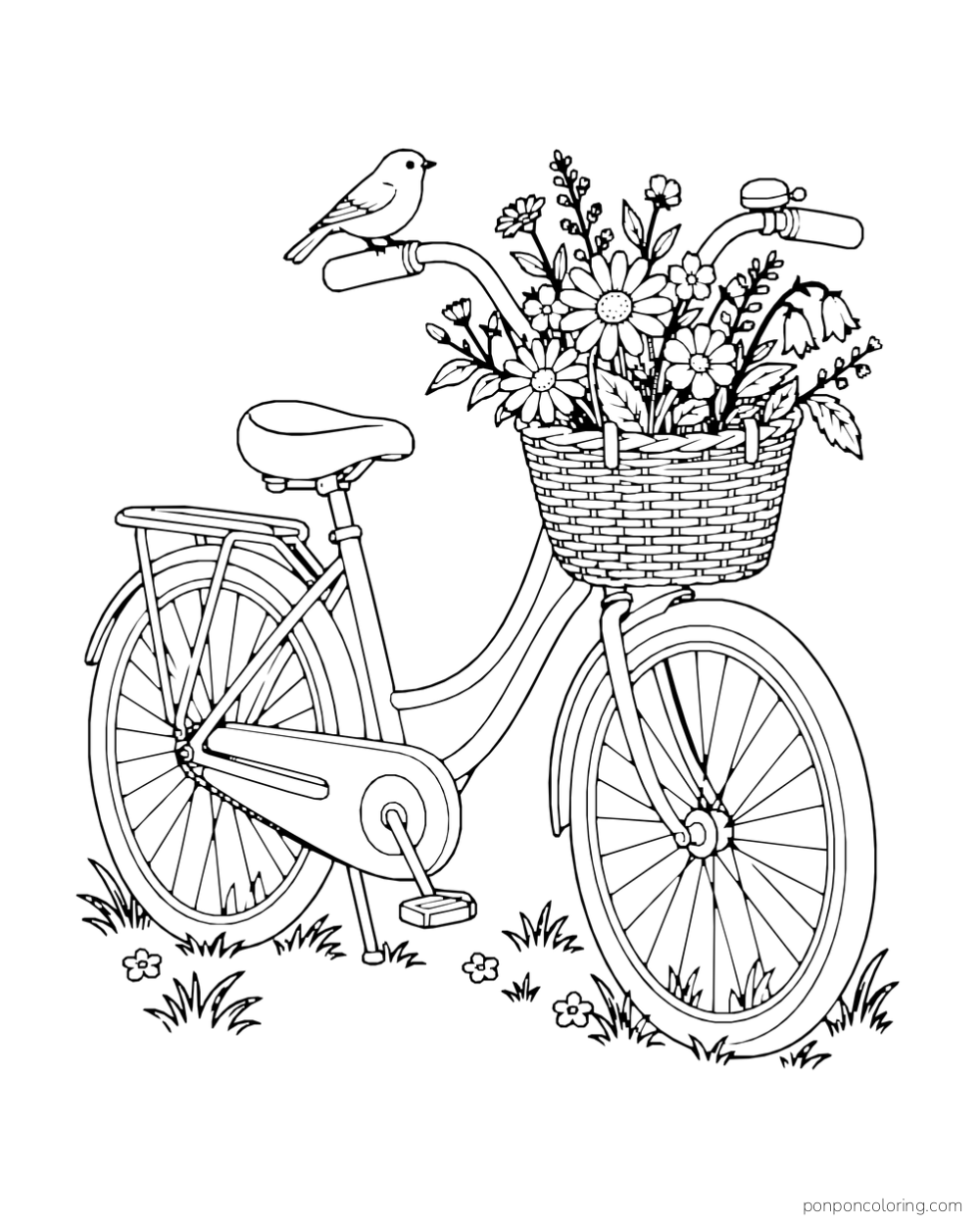 A bicycle carries a basket of wildflowers while a small bird perches on its handlebar.