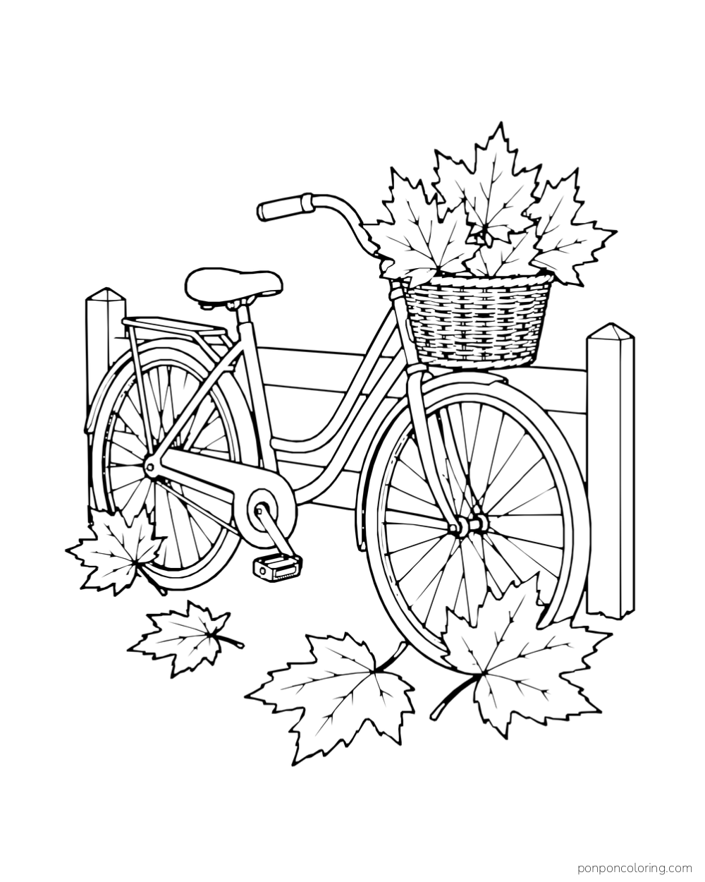A bicycle leans by a fence with a basket of leaves on the handlebars.