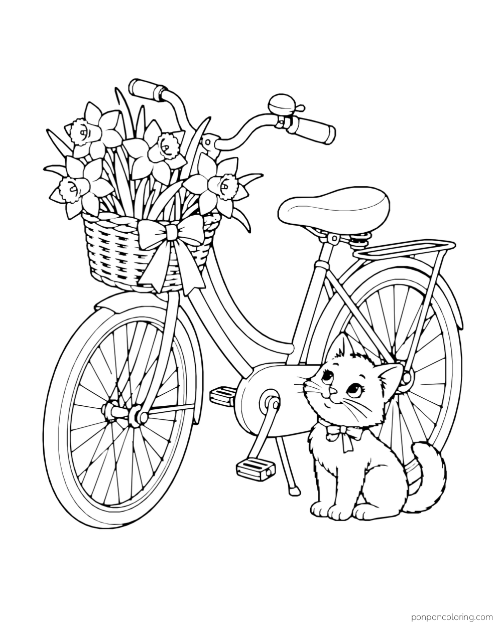 A kitten sits beside a bicycle with a basket of daffodils on its handlebars.