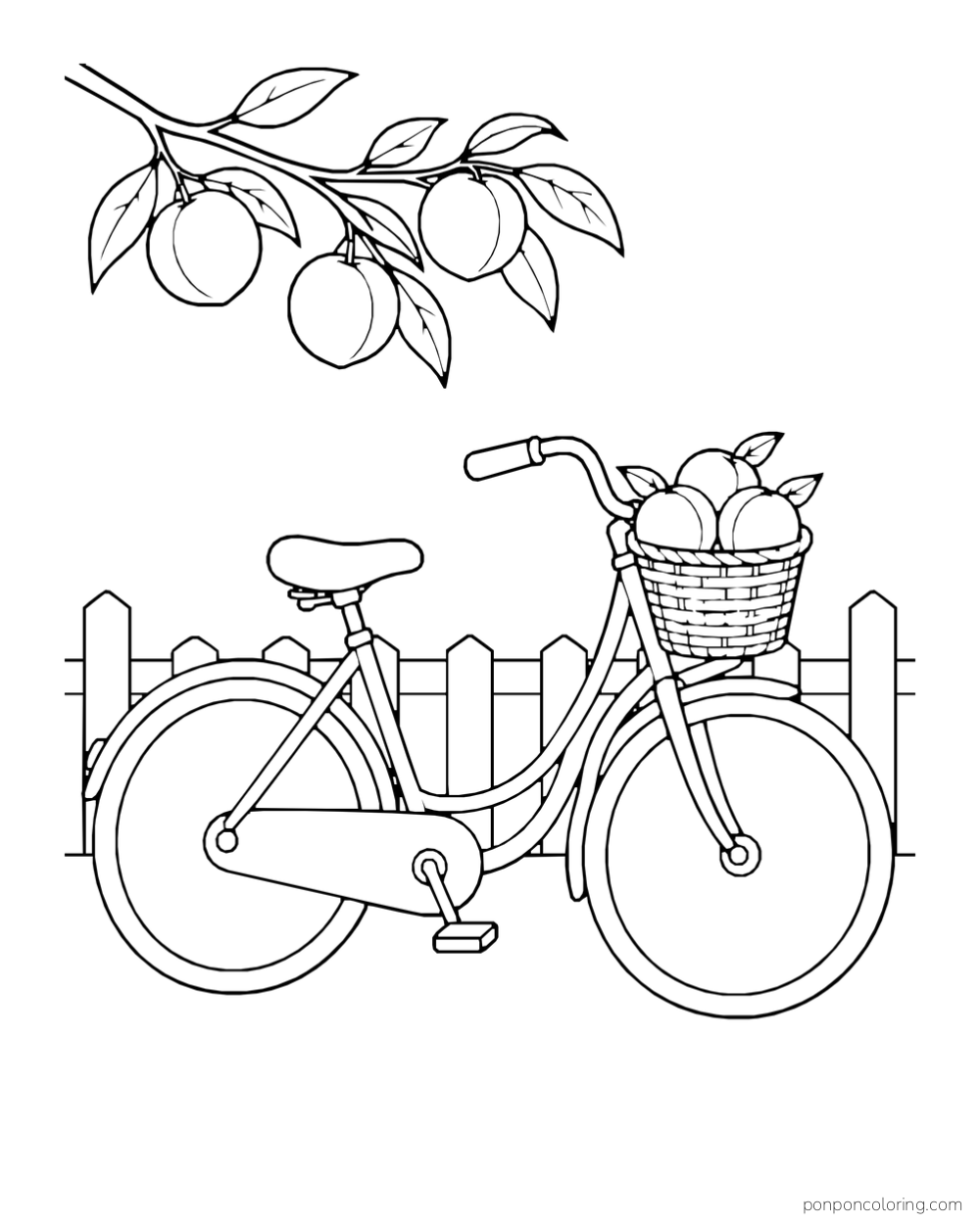Complete bicycle parked by a short fence with peaches in its front basket and a branch above.