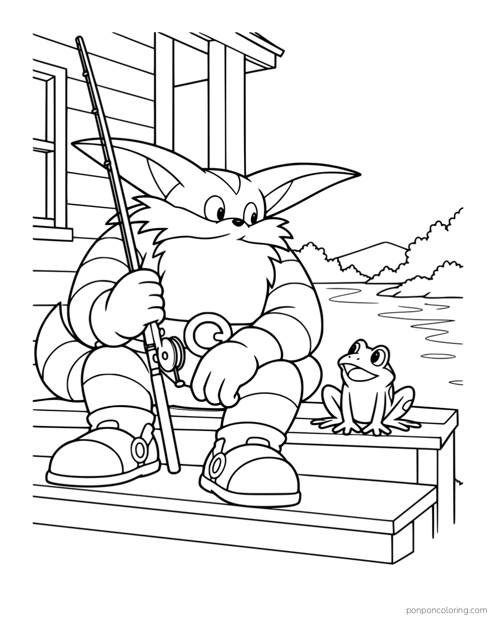 Big holding a fishing rod beside Froggy on a wooden porch.