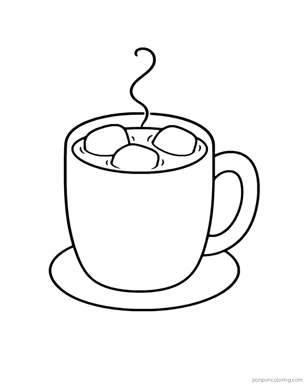 A plain oversized cocoa mug holds three large marshmallows on a saucer.