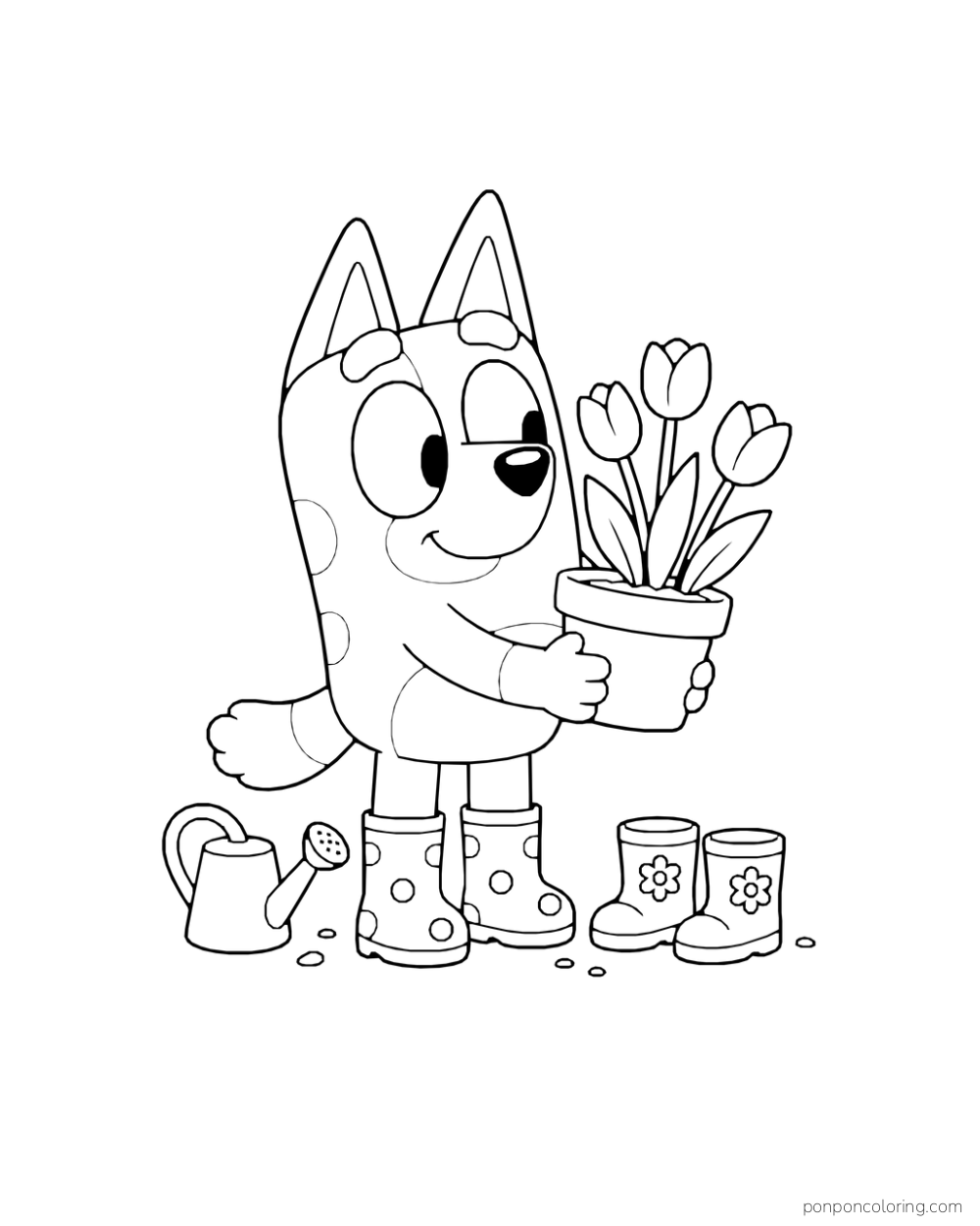 Bingo wears dotted rain boots and holds a pot of tulips beside a watering can and spare boots.
