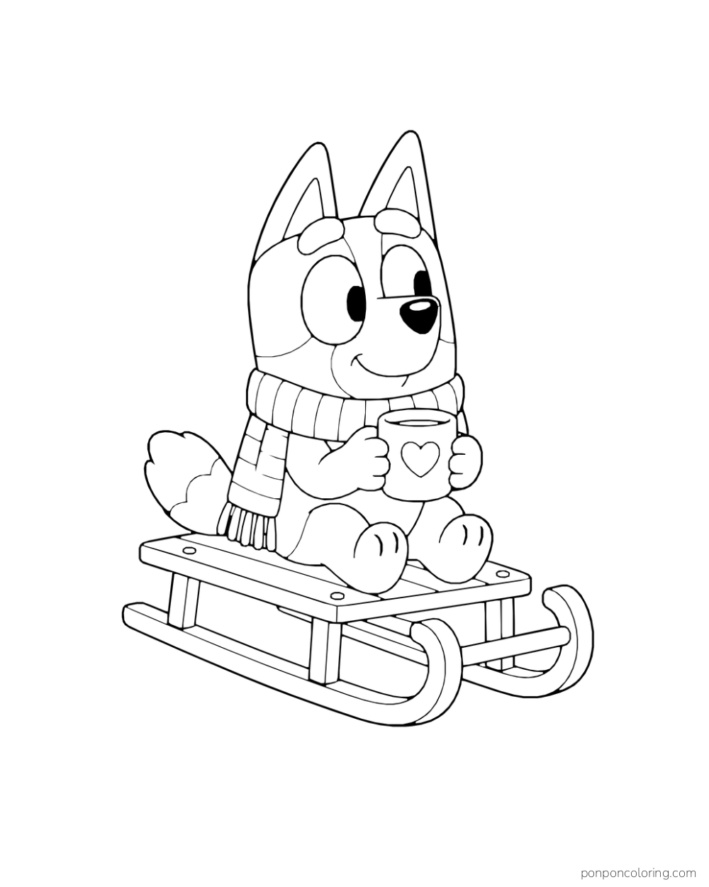 Bingo wears a scarf and holds a heart-patterned mug while sitting on a wooden sled.