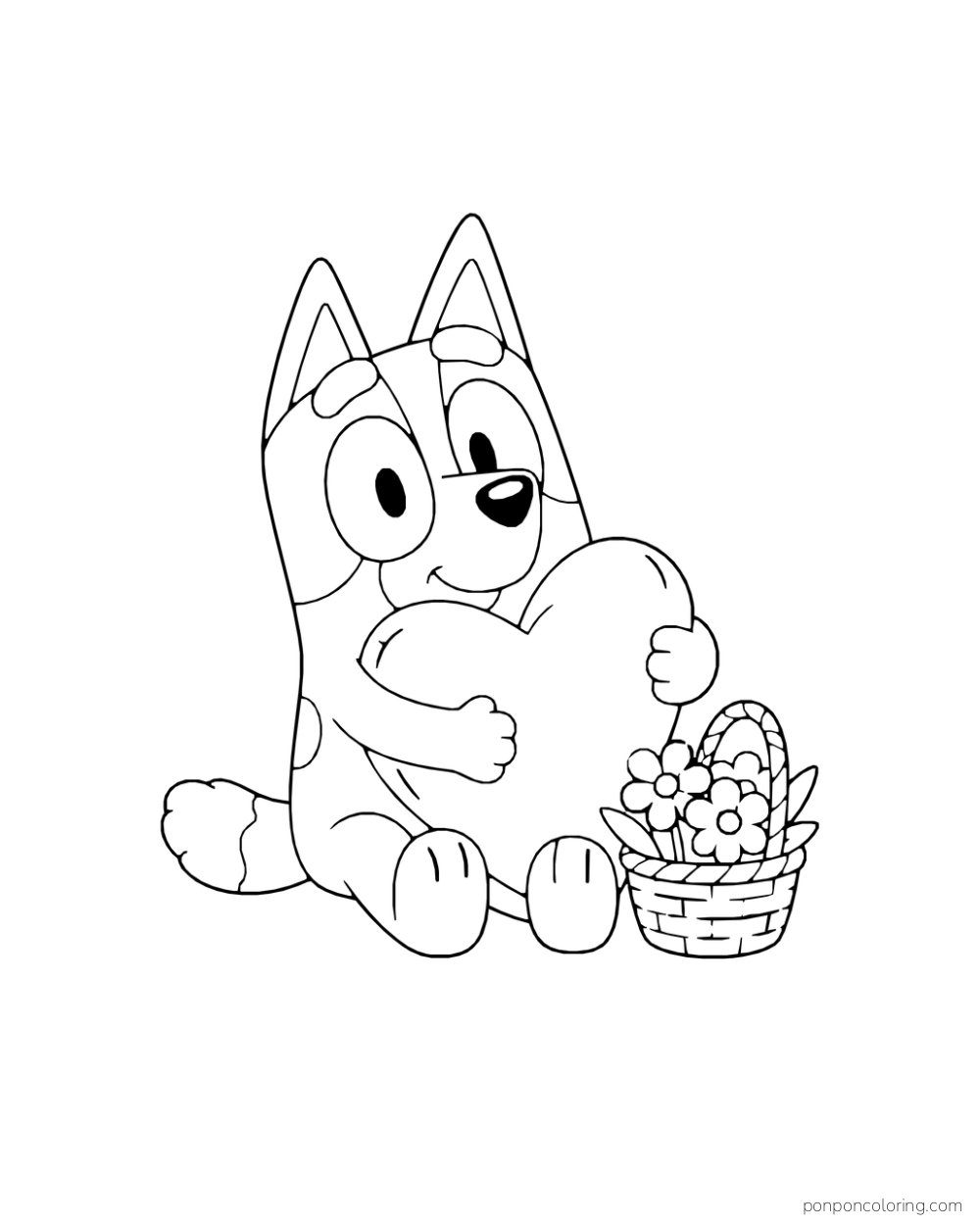 Bingo hugs a heart-shaped cushion beside a flower basket.