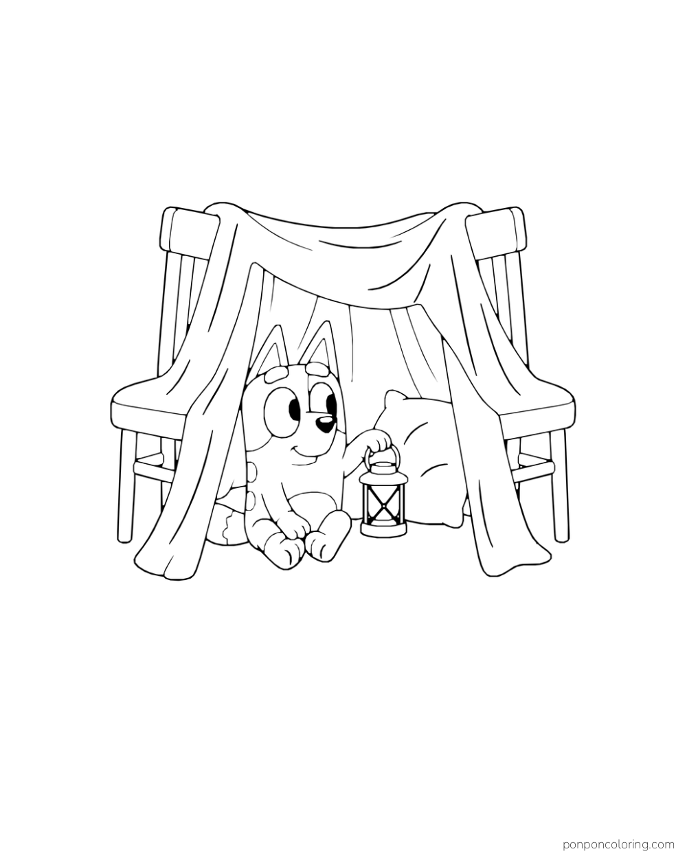 Bingo sits with a lantern and cushion in a blanket den supported by two chairs.