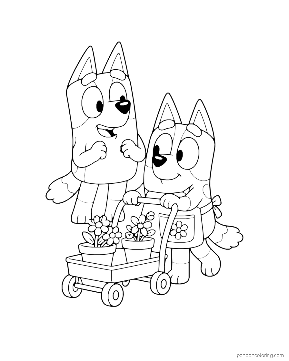 Bingo pushes a trolley carrying two flowerpots while Bluey watches.