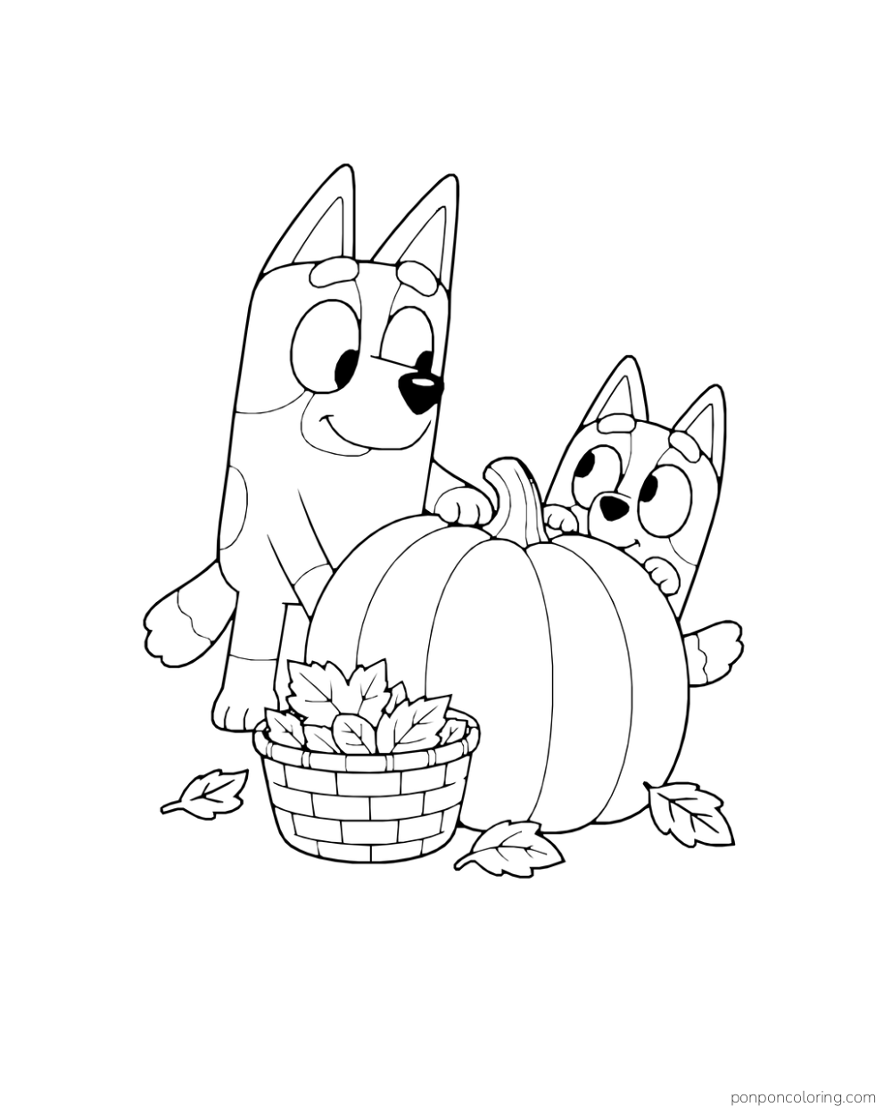 Bingo peeks from behind a large pumpkin while Bluey stands beside a basket of leaves.