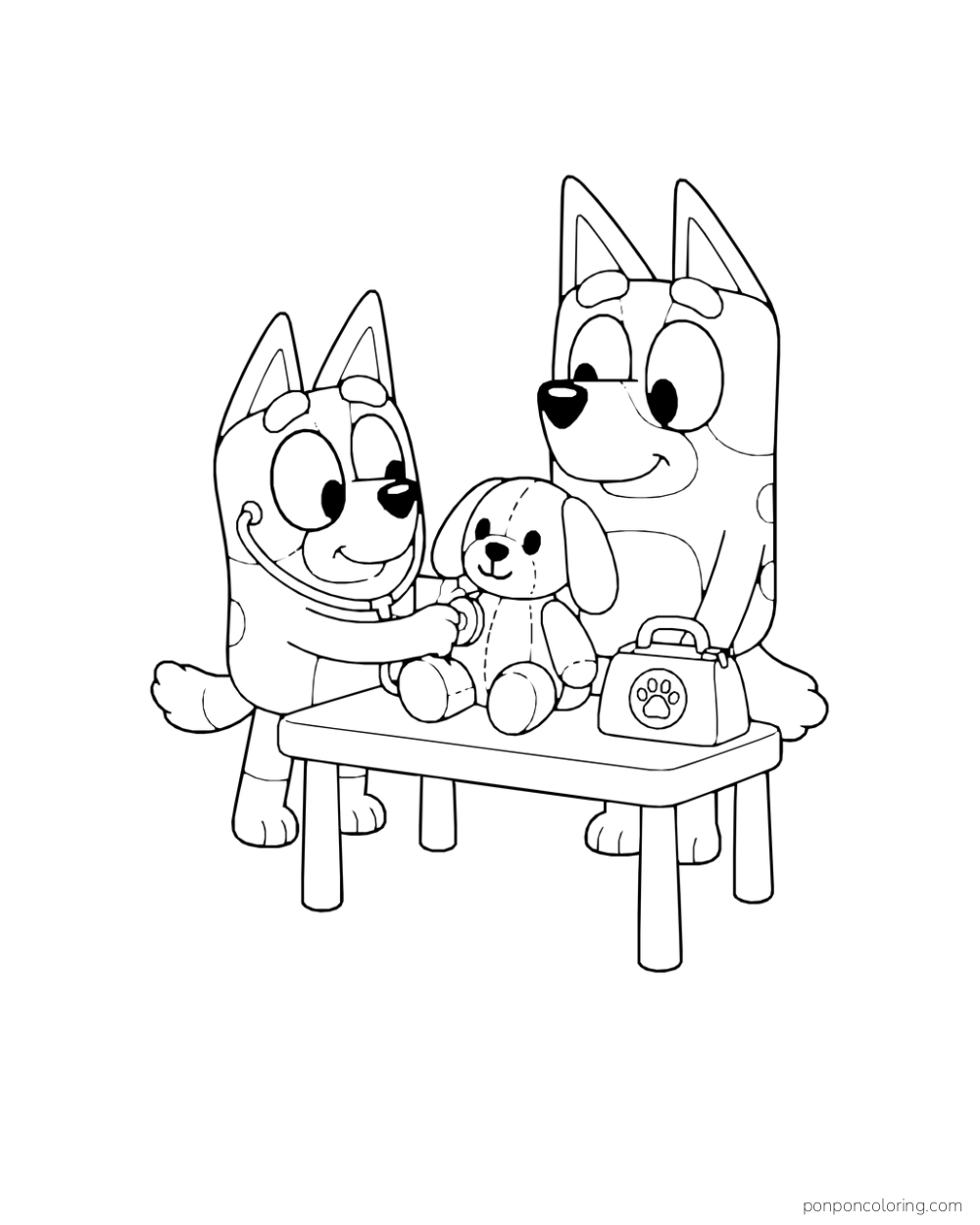 Bingo examines a toy dog with a stethoscope while Chilli sits beside a little table and toy medical bag.