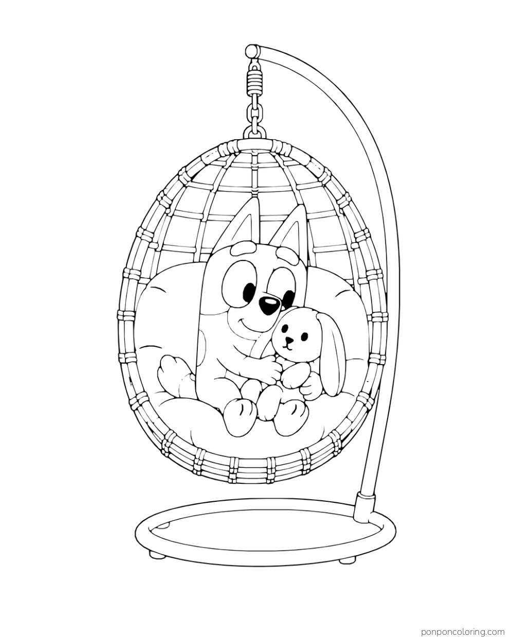 Bingo holds a toy bunny in a woven hanging chair on a curved stand.