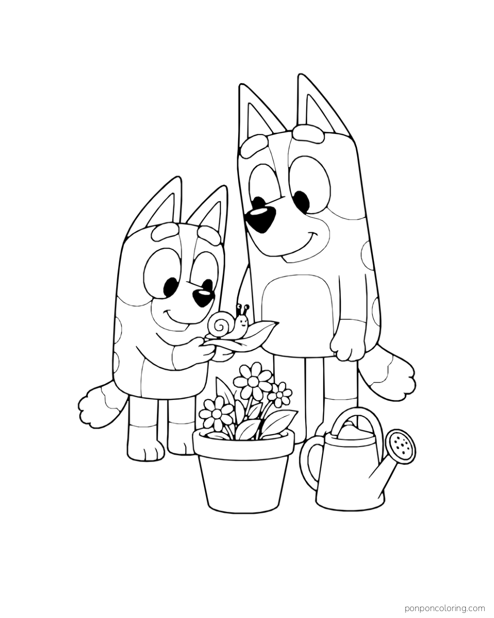 Bingo holds a leaf with a snail while Chilli watches beside a flowerpot and watering can.