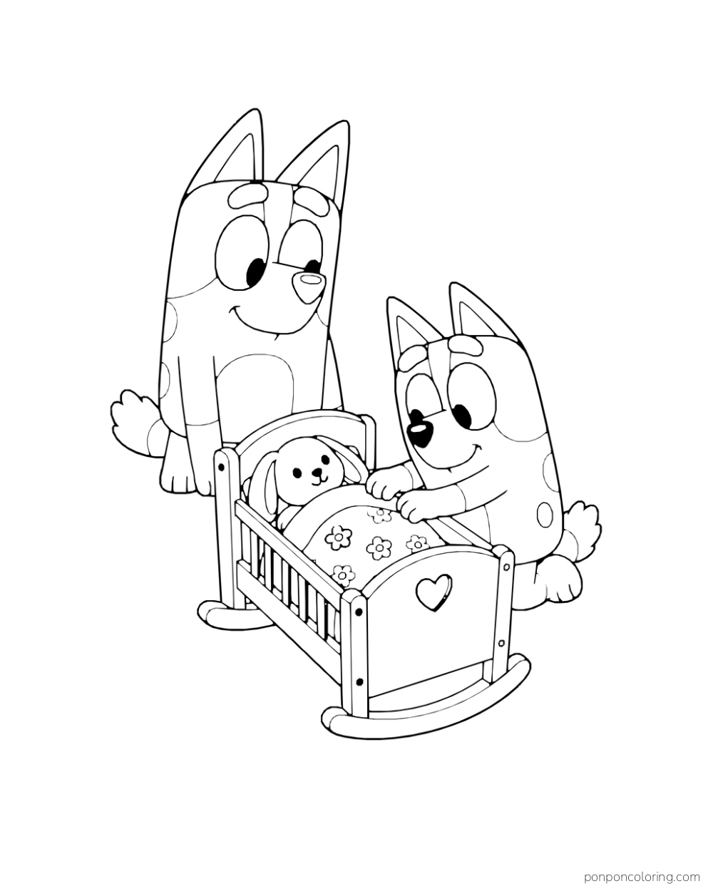 Bingo tucks a toy rabbit into a cradle while Bluey watches.