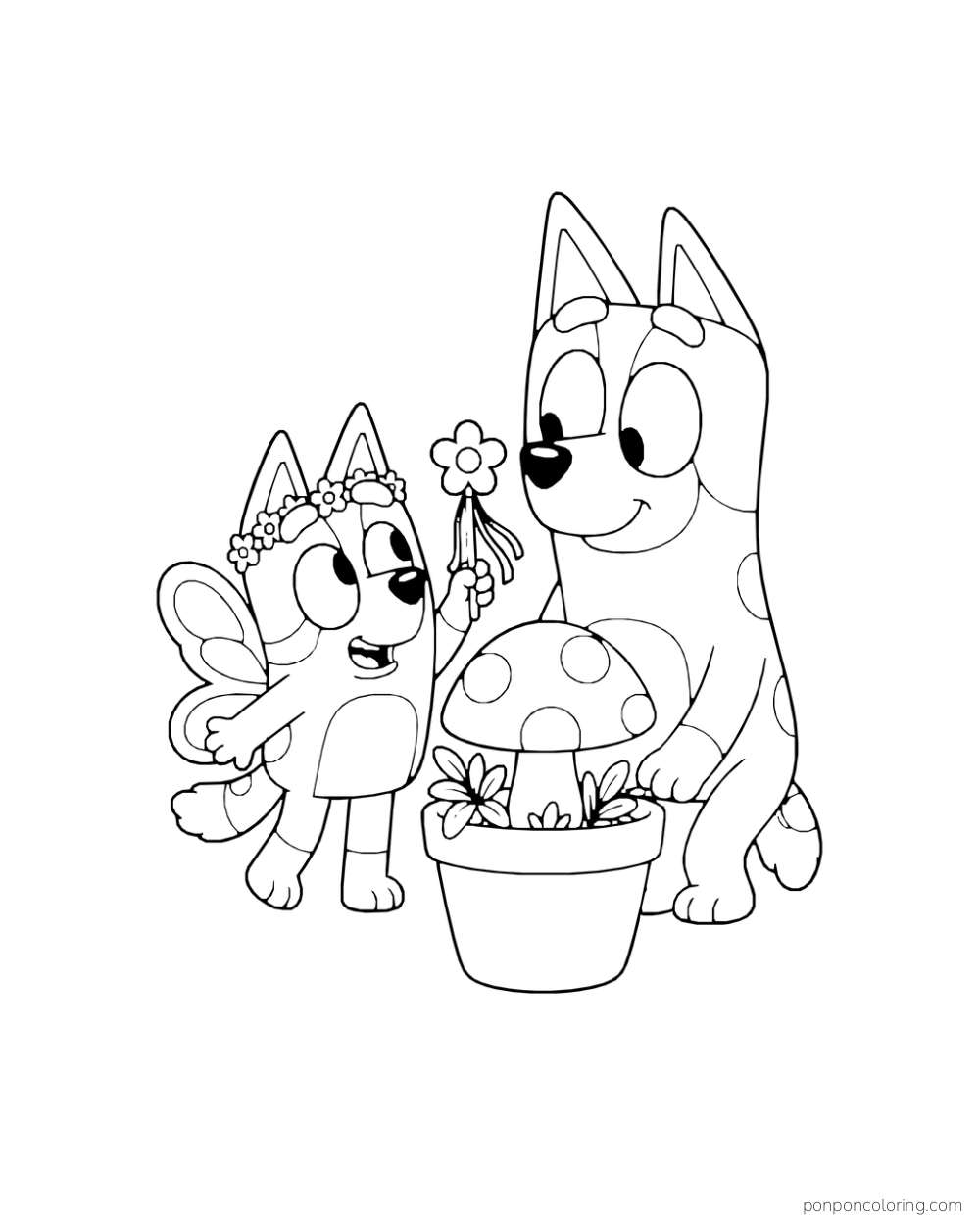 Bingo wears fairy wings and holds a flower wand while Chilli holds a pot with a large mushroom.
