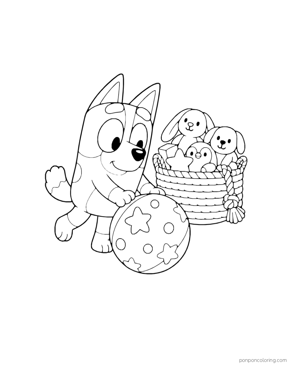 Bingo holds a star-patterned ball beside a woven basket of stuffed animals.