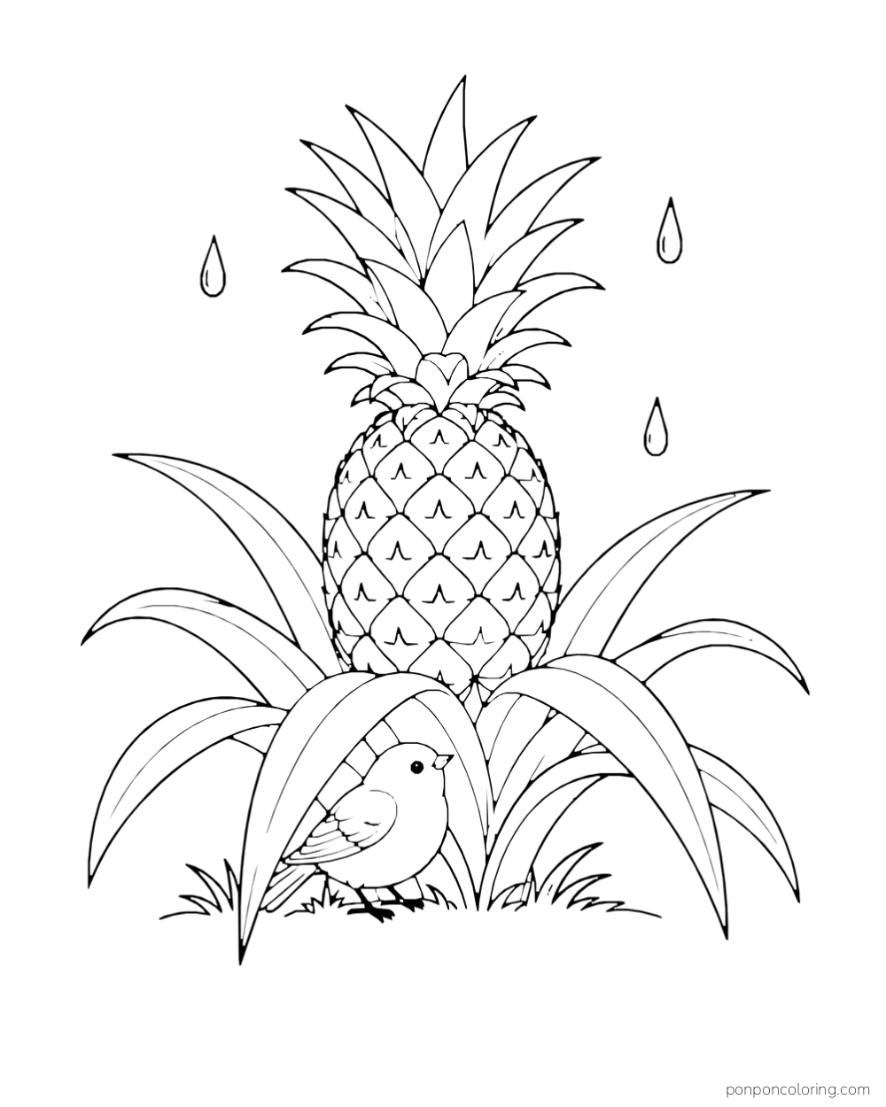 Small bird sheltering beneath long pineapple leaves while a few raindrops fall beside the fruit.