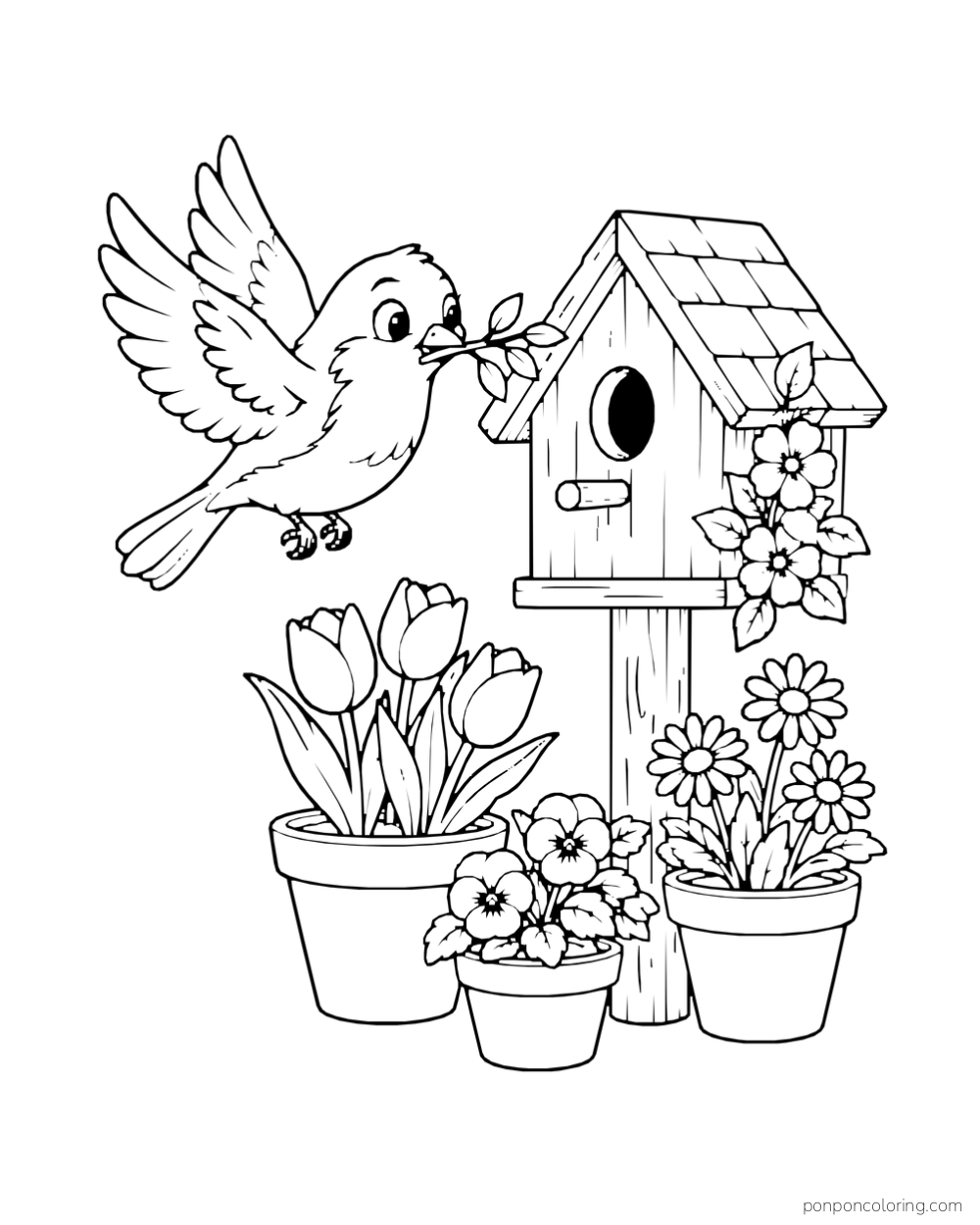 A bird carries a twig toward a birdhouse surrounded by flowerpots.