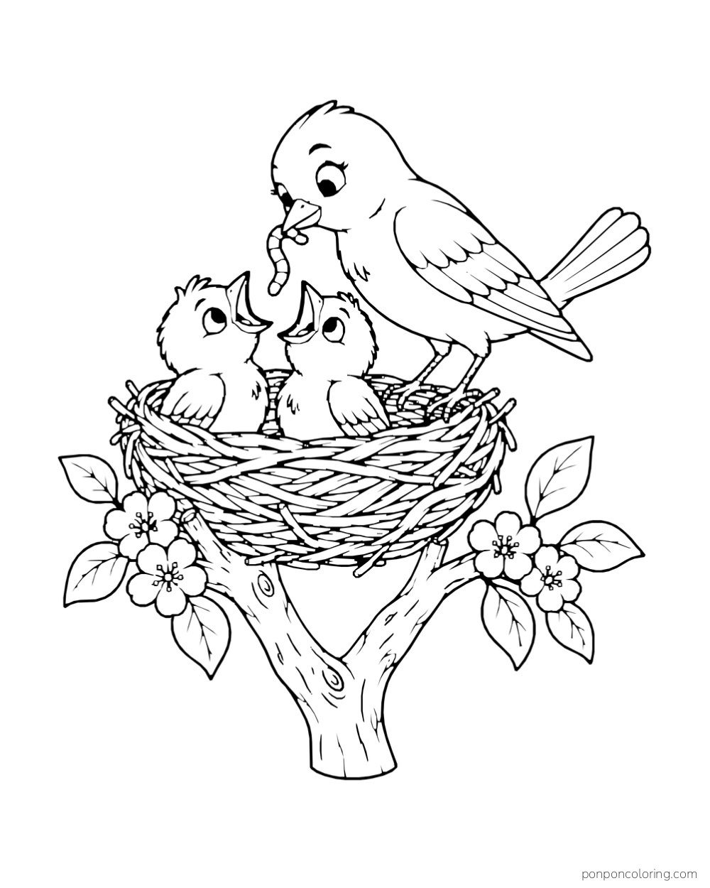 A bird feeds two chicks in a woven nest on a short flowering branch.
