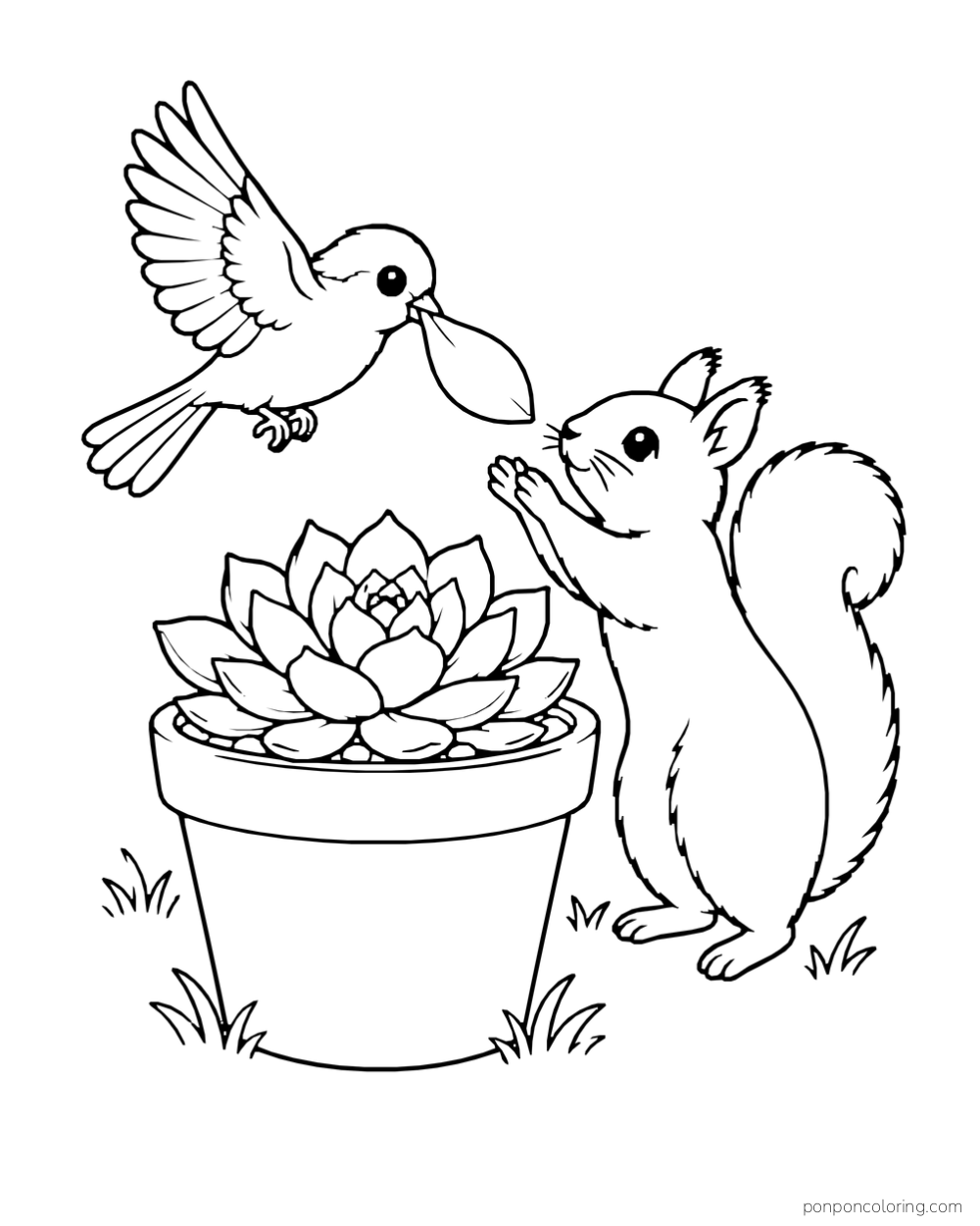Bird holding a thick leaf in its beak above a squirrel beside a pot of layered succulent leaves.