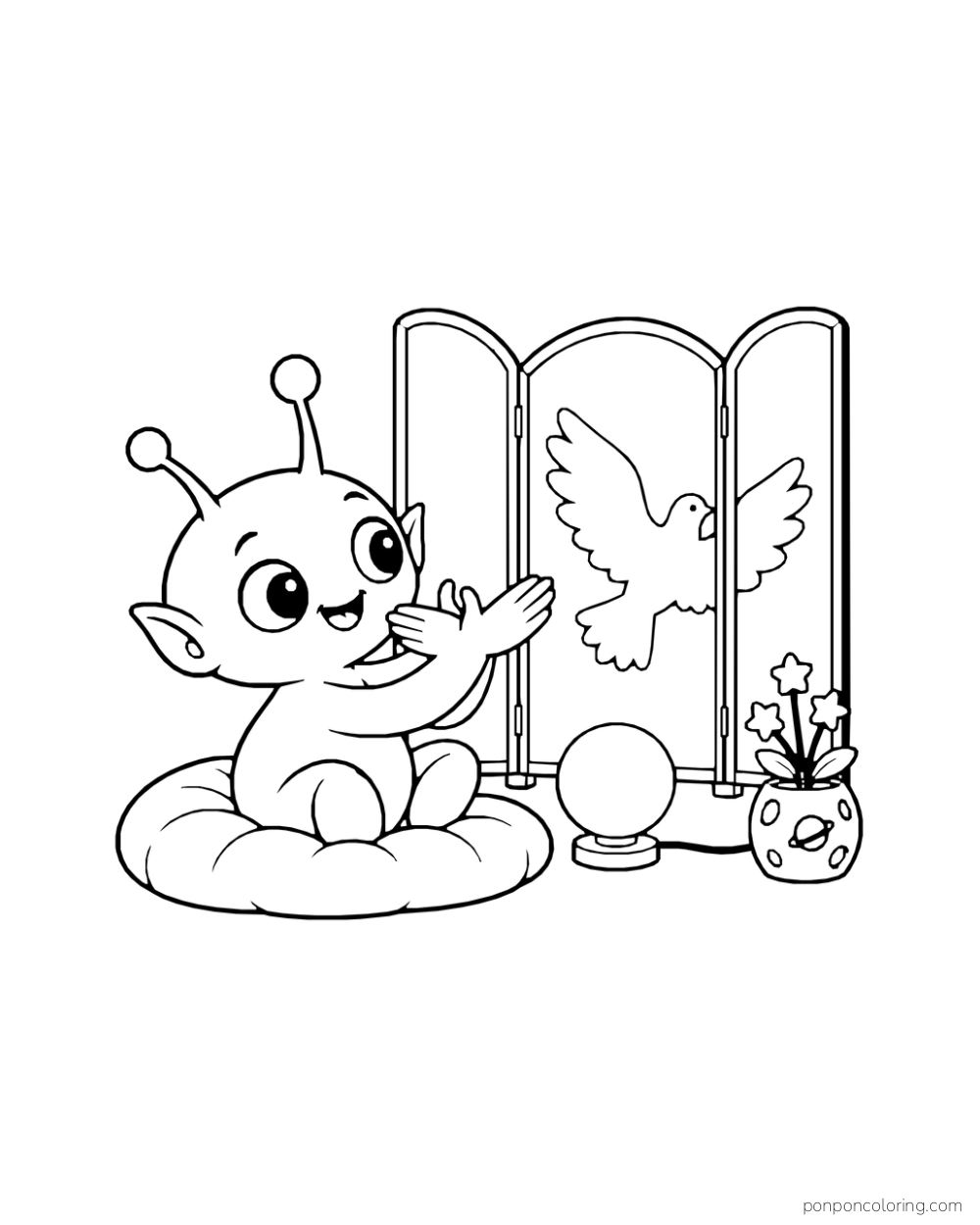 An alien sits by a lamp and looks at a bird-shaped outline on a folding screen.
