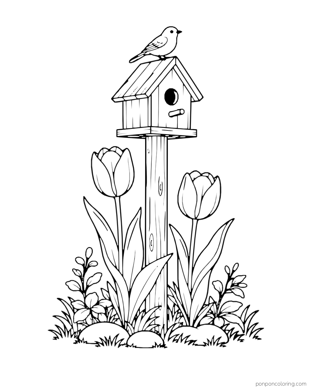 A bird perched on the roof of a post-mounted birdhouse with two tulips below.