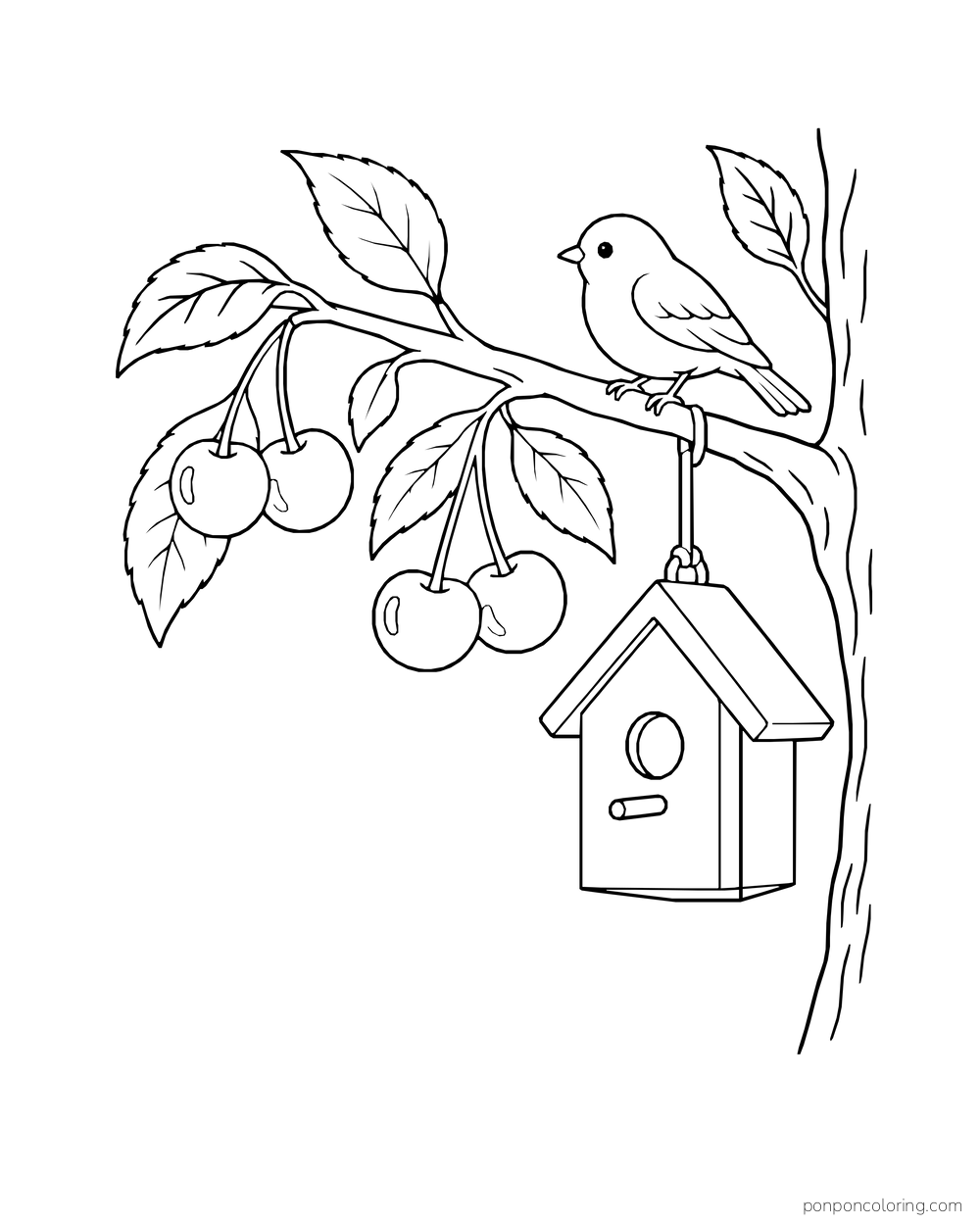 A small bird and birdhouse share a cherry branch with hanging pairs of fruit.