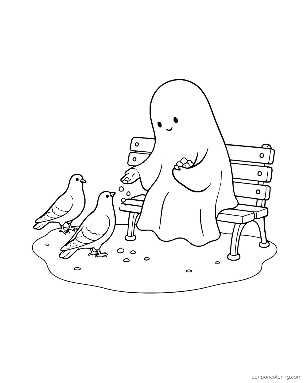 A ghost scatters crumbs to two birds from a park bench.