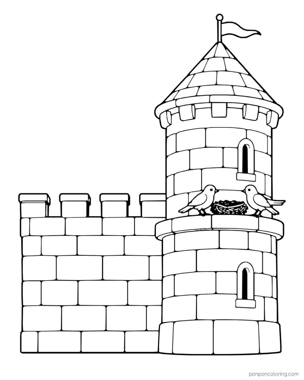 Two birds beside a nest on the ledge of a round castle tower attached to a stone wall.