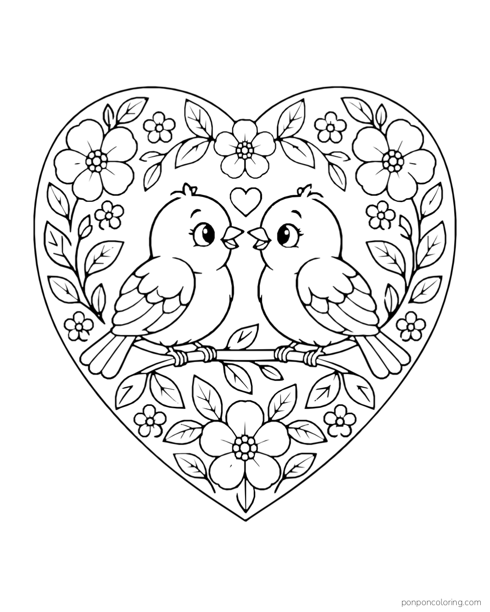Two birds face each other on a branch inside a floral heart frame.