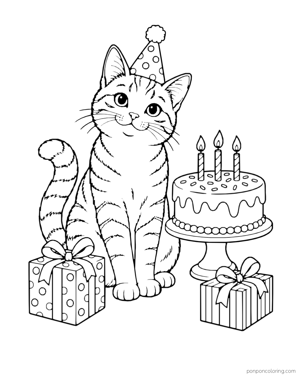 A cat in a party hat sits beside a birthday cake and two gifts.