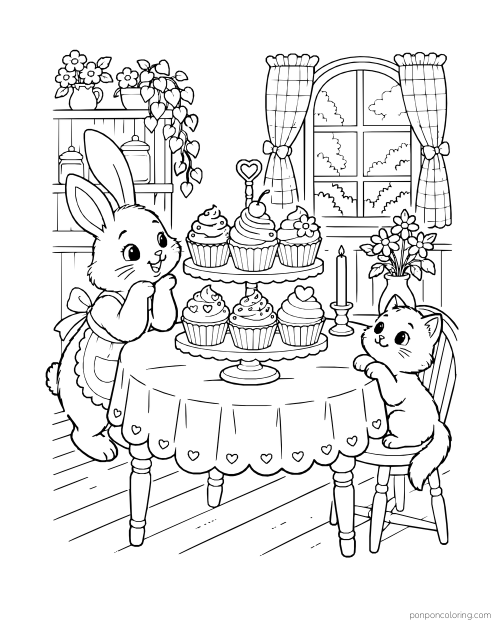 A rabbit and kitten admire cupcakes on a tiered stand at a bakery table.