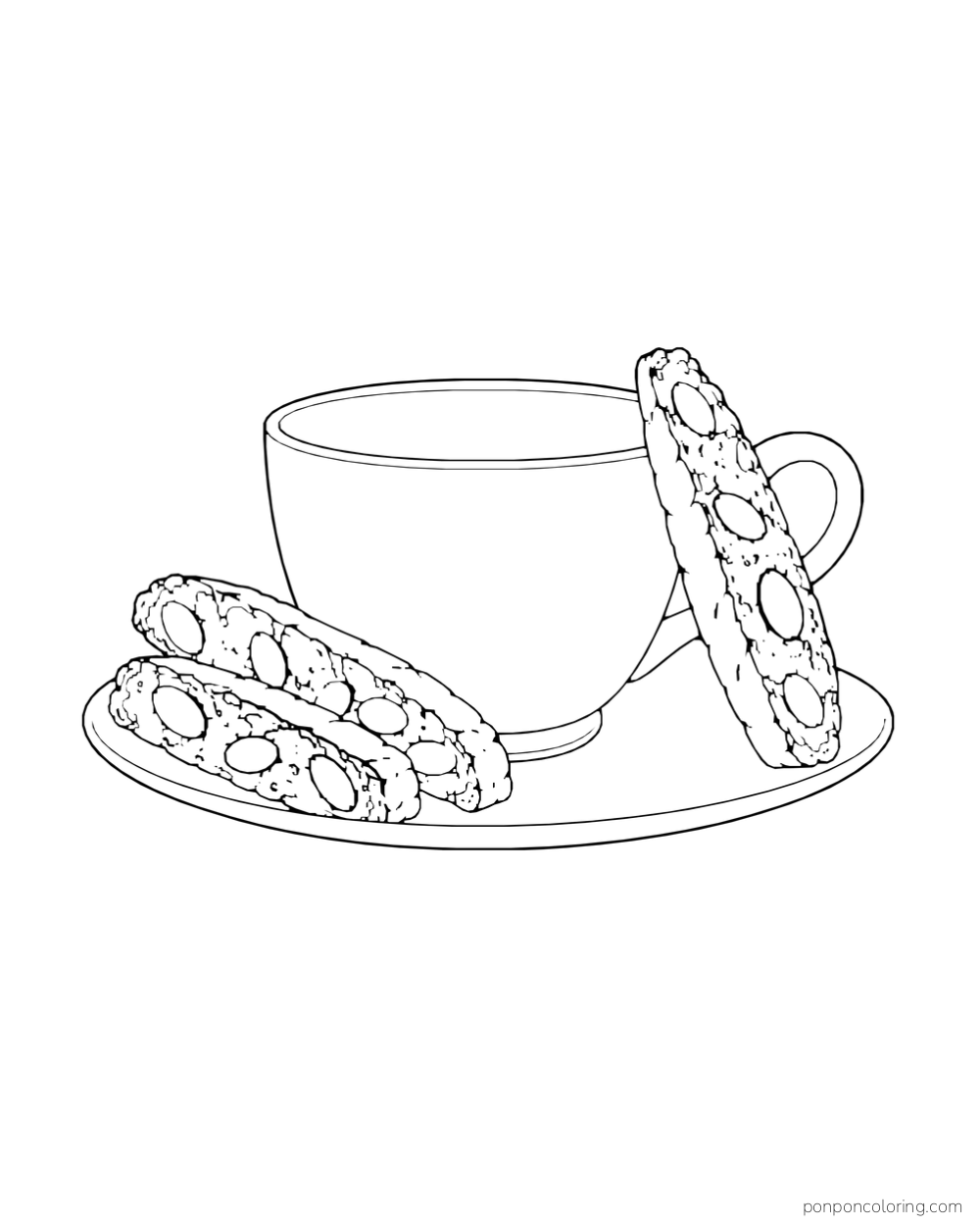 Three long almond biscotti rest beside a plain teacup and saucer.