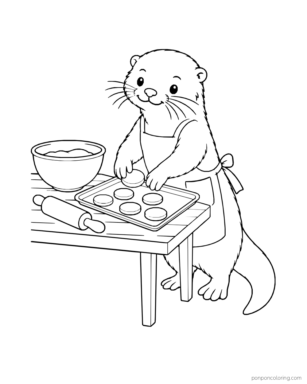 Apron-wearing otter arranging round biscuits on a tray at a table.