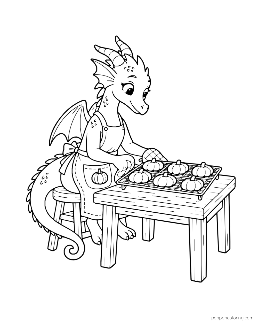 A dragon wearing an apron sits beside a table with six pumpkin-shaped bakes on a cooling rack.