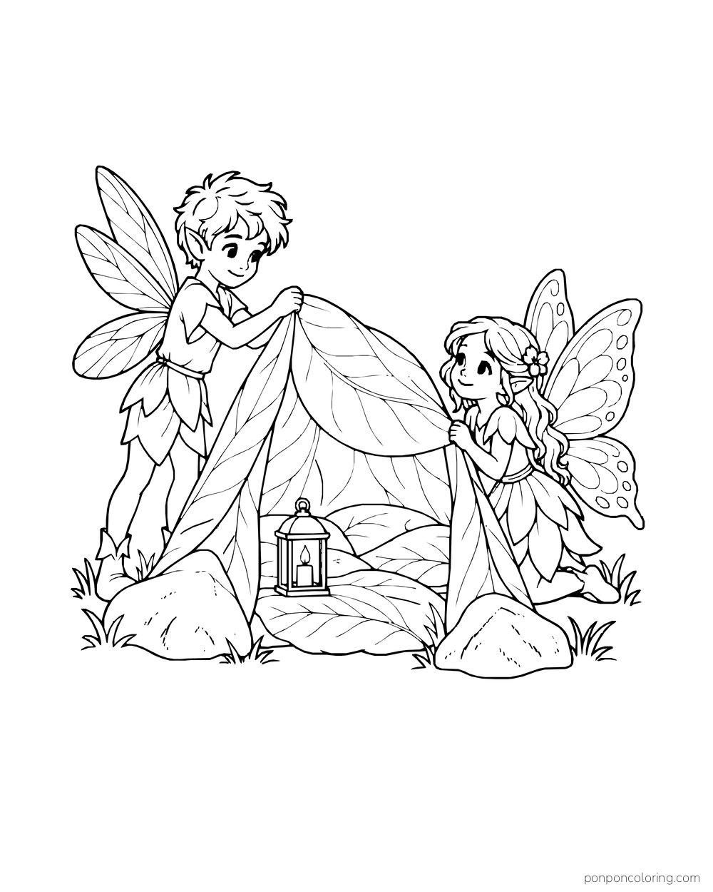 Two fairies holding up a leaf blanket as a fort beside a lantern.