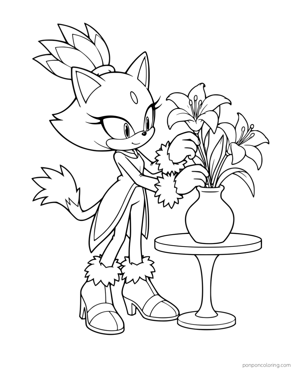 Blaze arranging flowers in a vase on a small table.