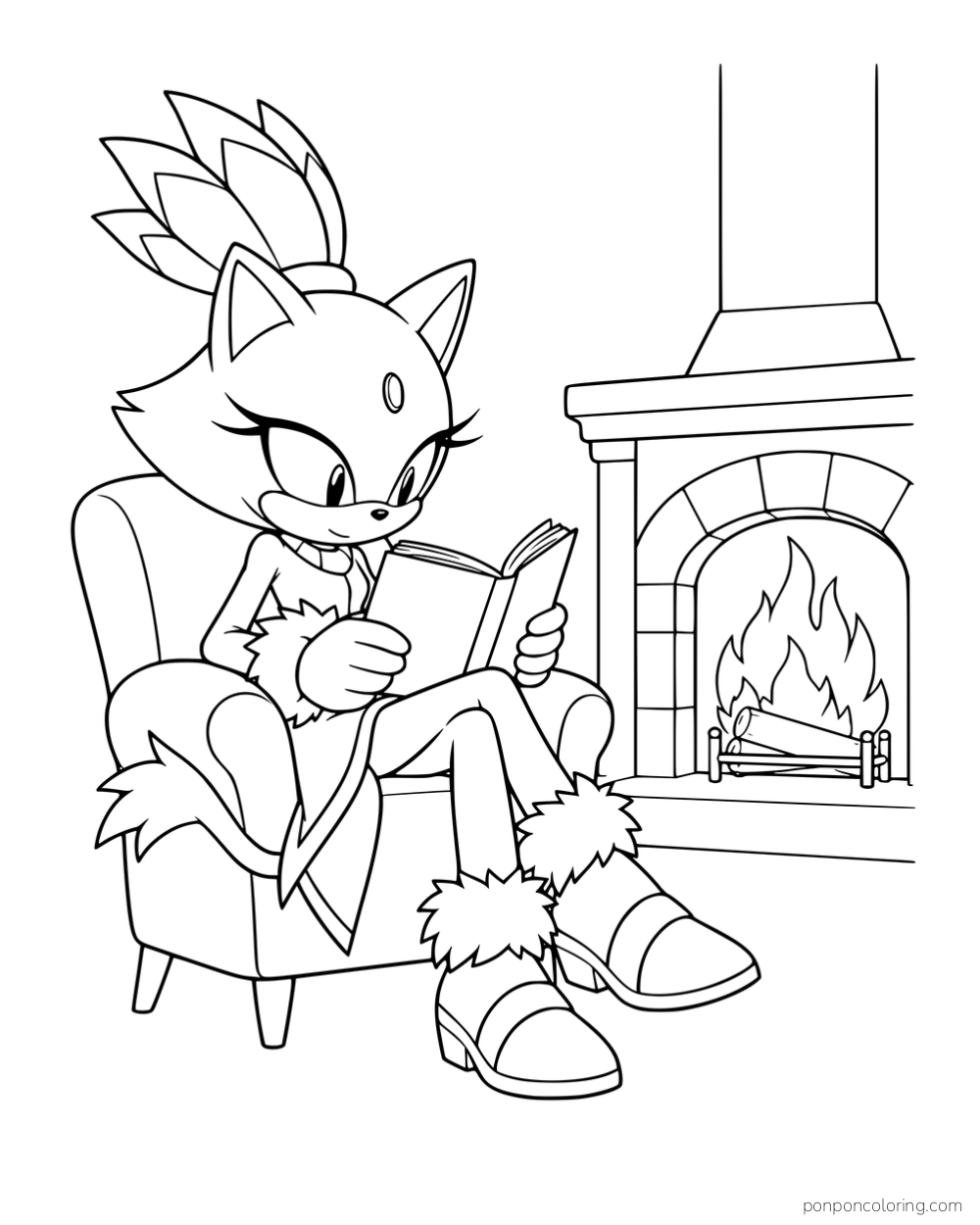 Blaze reading in an armchair beside a fireplace.