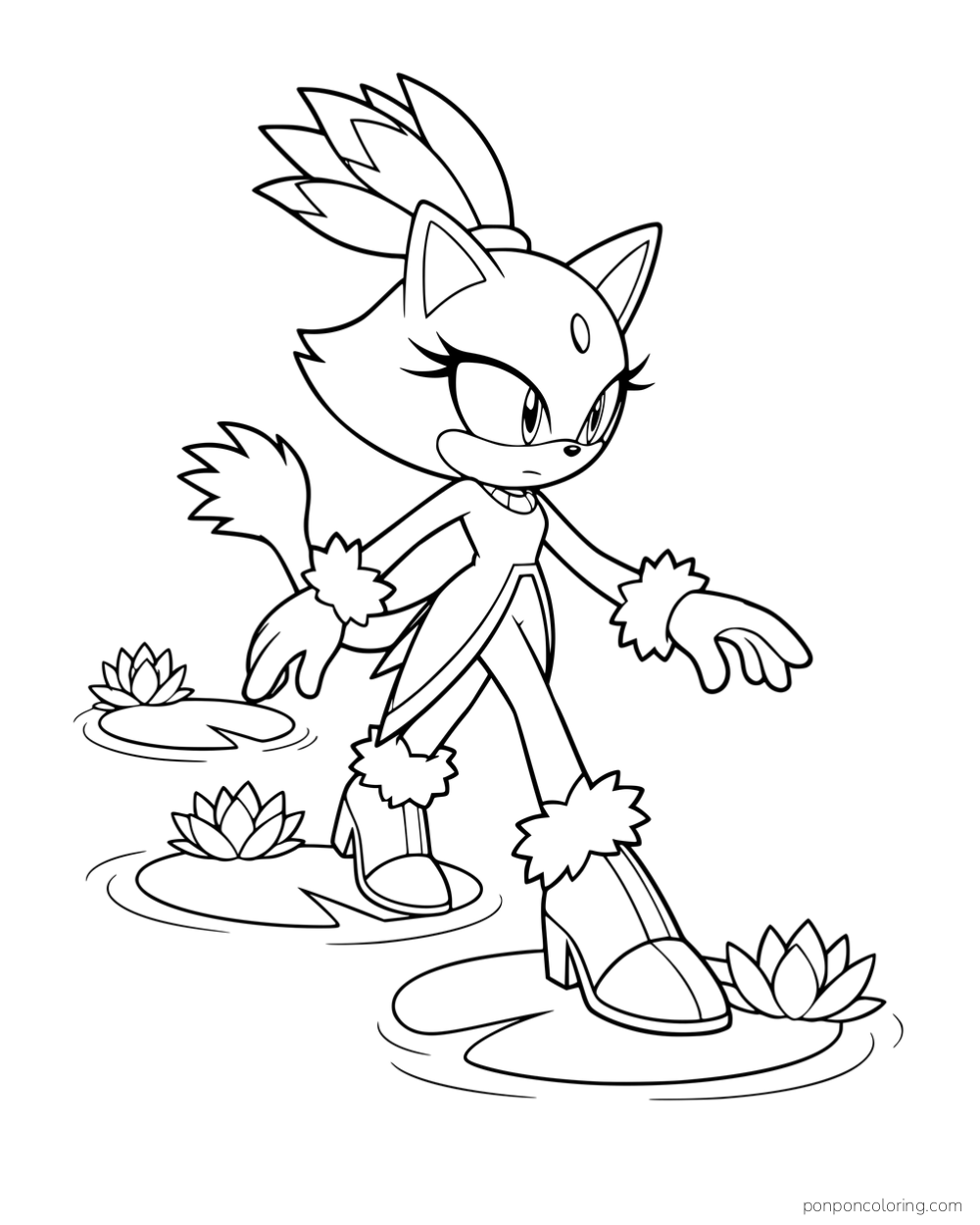 Blaze stepping across lily pads in a pond.