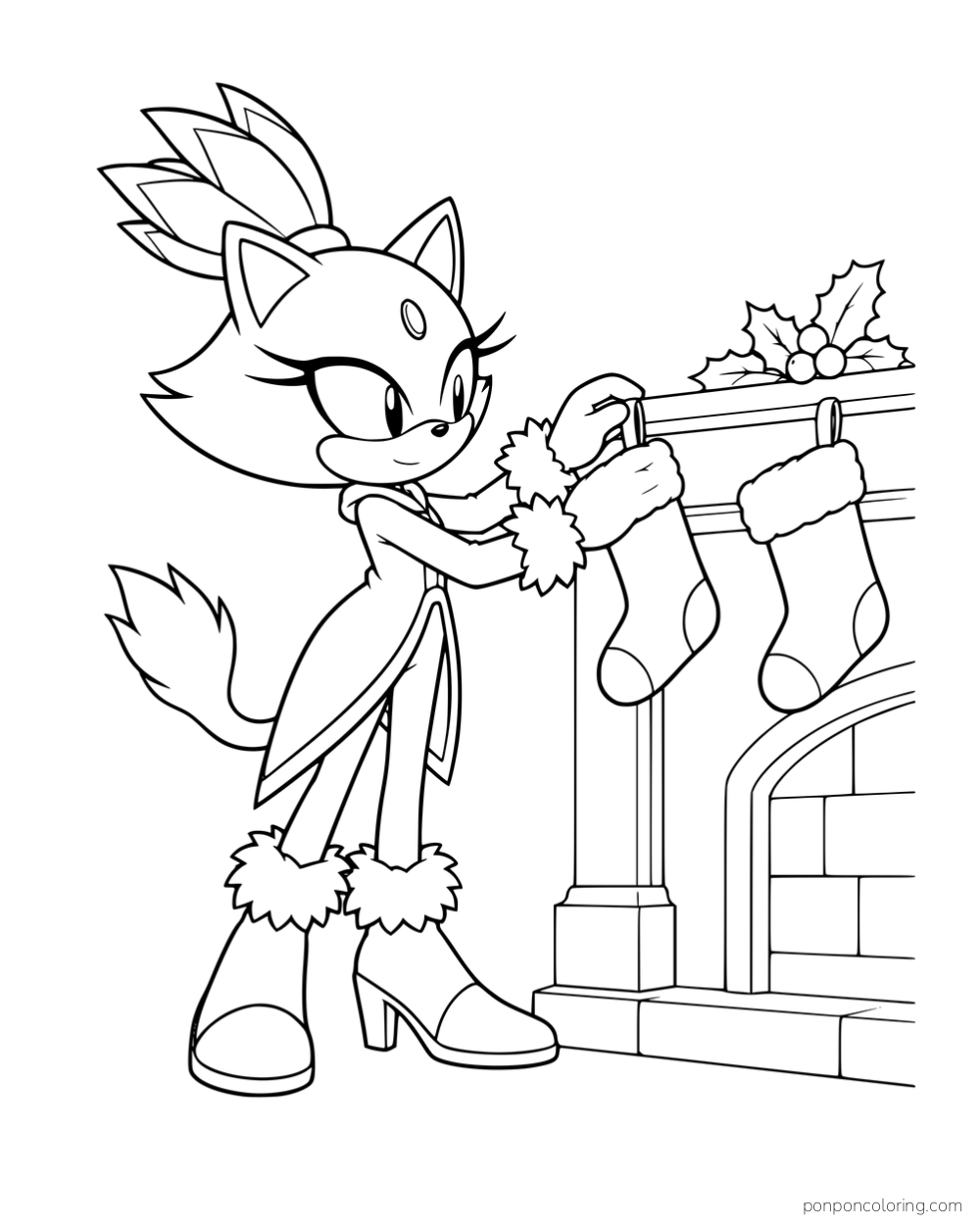 Blaze hanging stockings from a fireplace mantel.