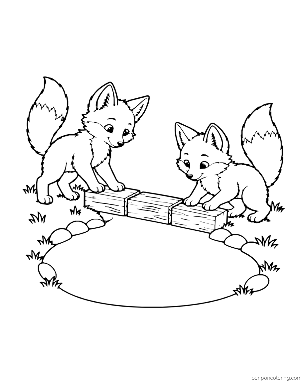 Two fox kits balance wooden blocks between them above a small enclosed pool.