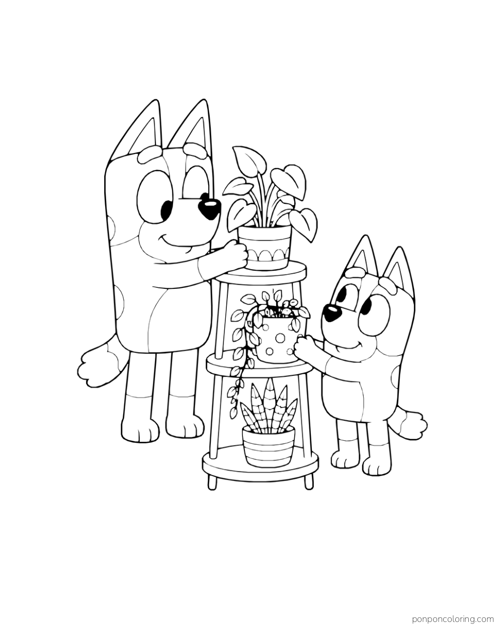 Bluey and Bingo arrange three pots on a tiered plant stand.