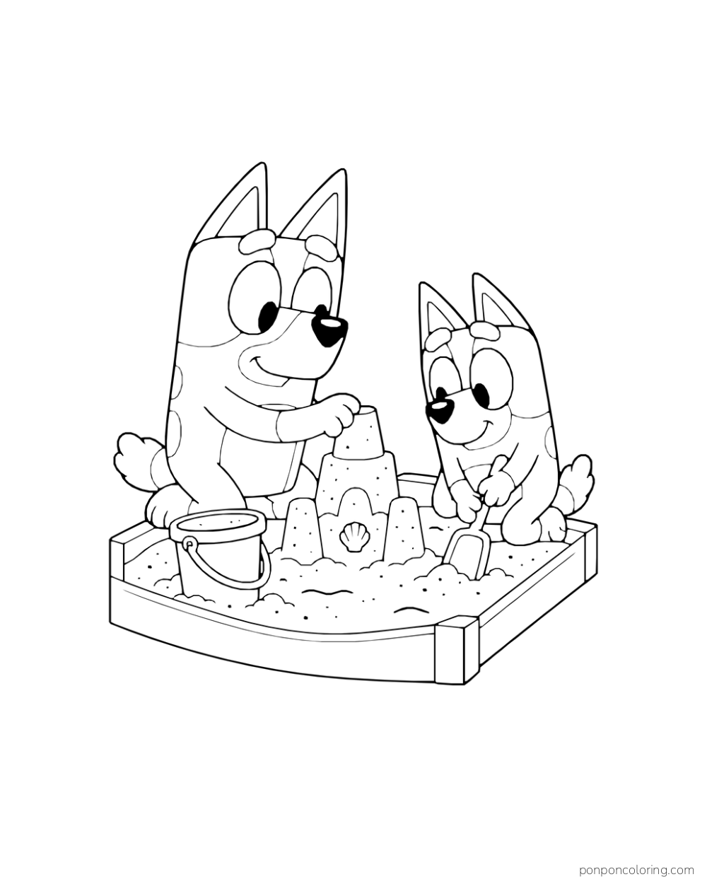 Bluey and Bingo build a sandcastle in a sandbox beside a bucket.