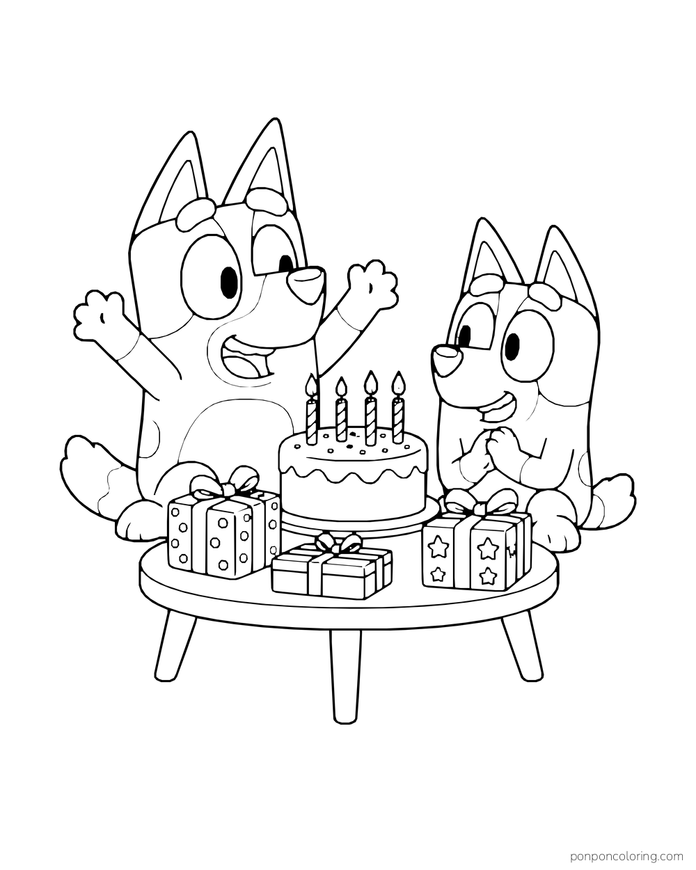 Bluey and Bingo sit beside a birthday cake and wrapped presents on a round table.