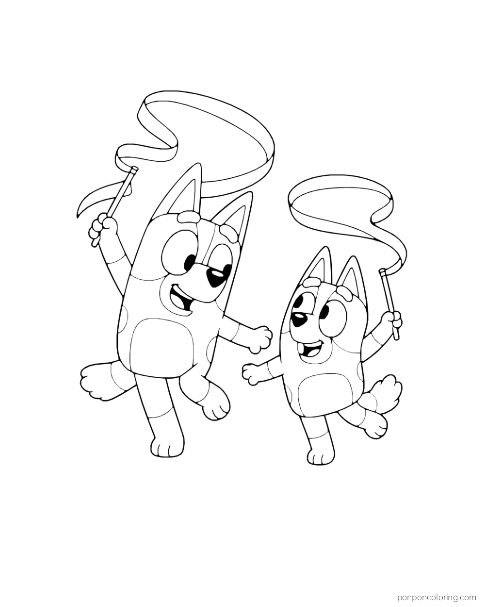 Bluey and Bingo wave long ribbons on short sticks while dancing.